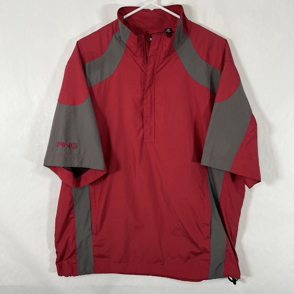 PING 1/4 Zip Short Sleeve Windbreaker Jacket Men Large Red Gray Embroidered Golf